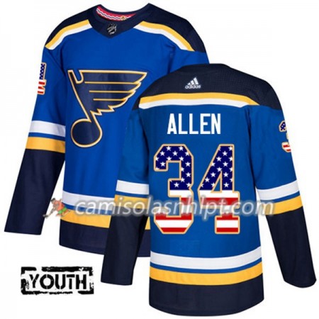 Camisola St. Louis Blues Jake Allen 34 Adidas 2017-2018 Azul USA Flag Fashion Authentic - Criança
